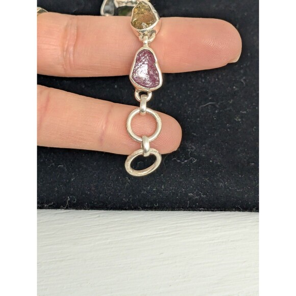 Raw Rainbow Tourmaline Sterling Silver Toggle Clasp Bracelet 7.5" Colourful - Picture 5 of 8
